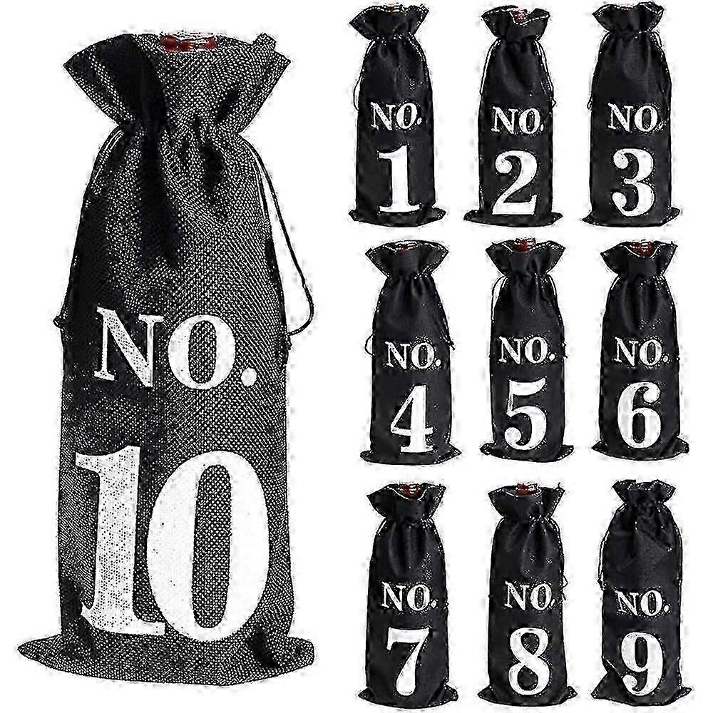 10 Pack Burlap Wine Bottle Sleeves with Drawstring Closure and Pockets for Blind Tasting