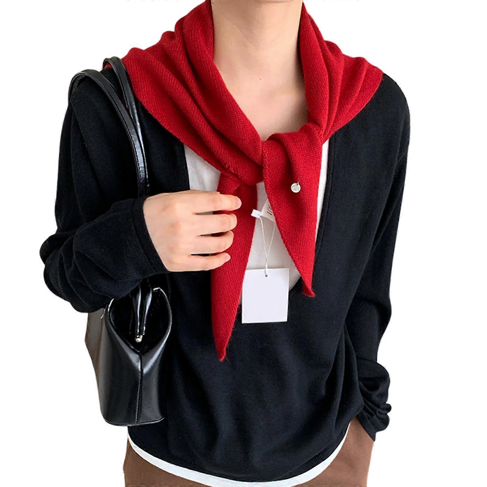 Women's Triangular Scarf Knitted Head Wrap Breathable Multi Use Spring Autumn Shawl  Red