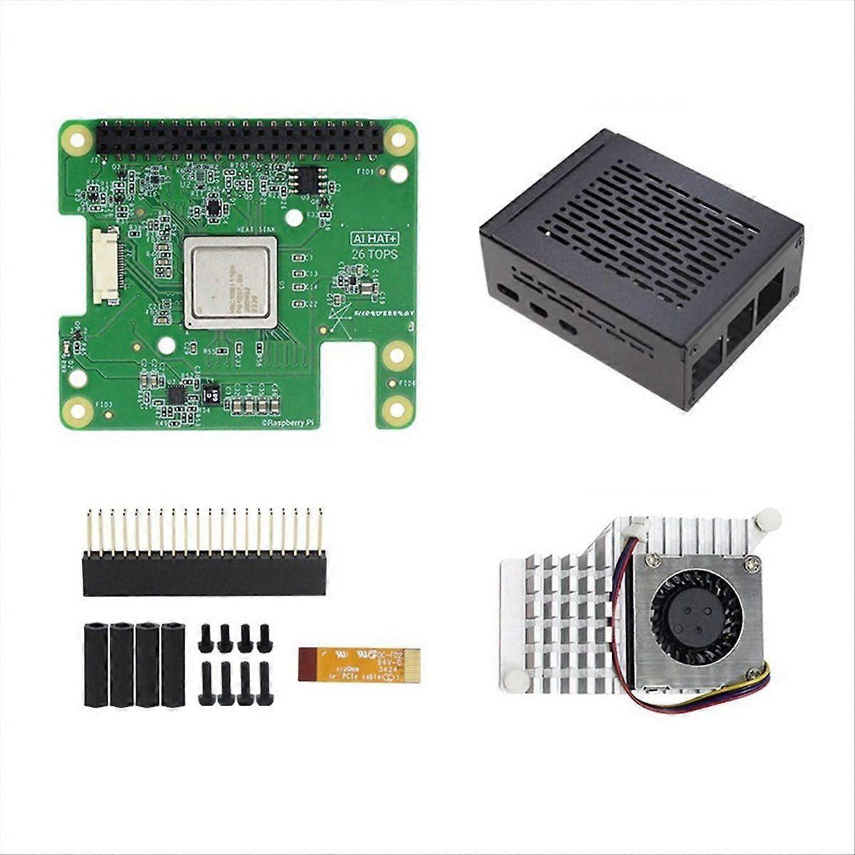 For Raspberry Pi 5 AI HAT+, 26 Tops Hailo-8 Accelerator Module with Active Radiator Aluminum Alloy Case