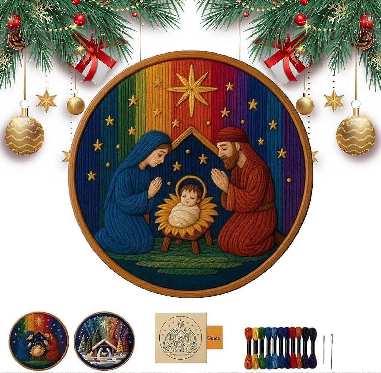 Nativity Embroidery Kit with PrePrinted Fabric, DIY Christian Cross Stitch Set for Adults Beginners Christmas Scene