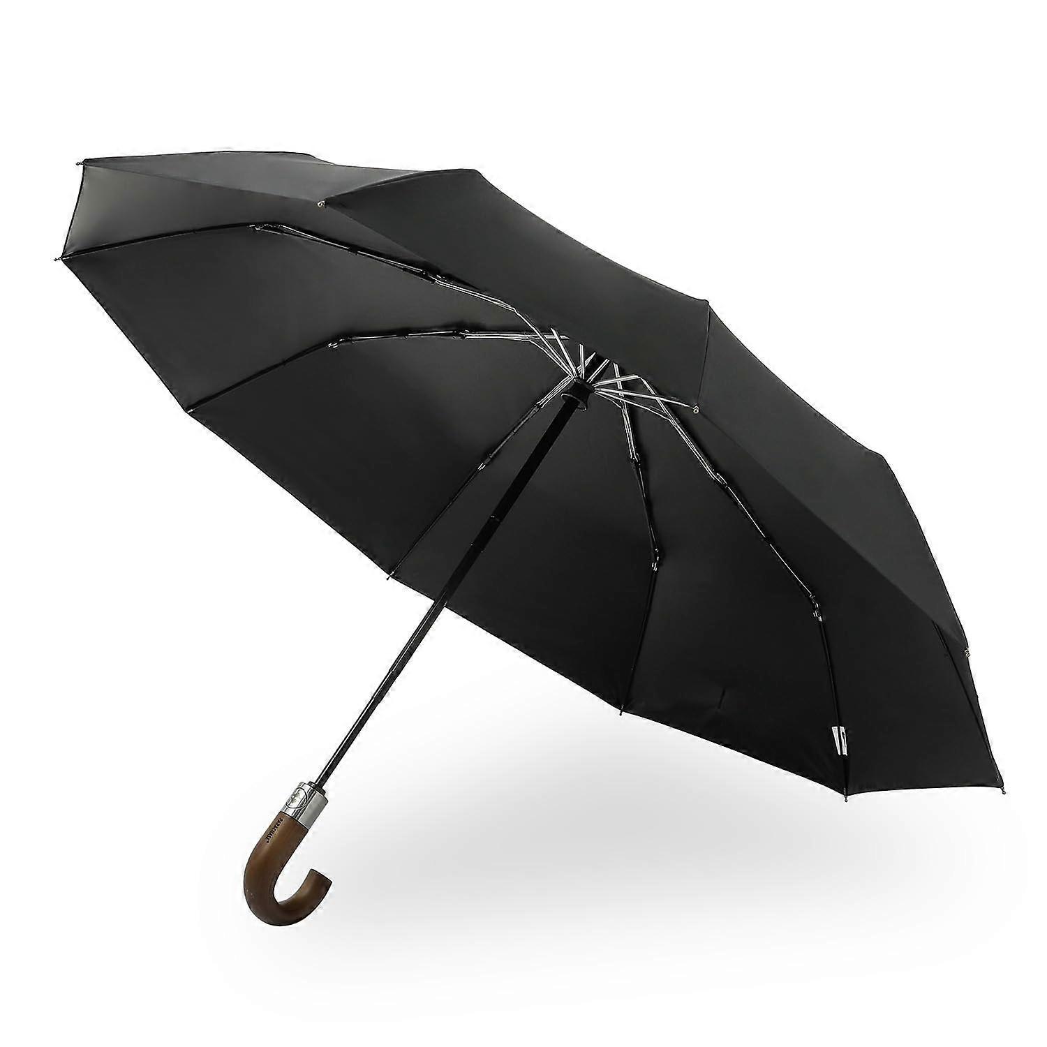 Automatic Wooden Handle Windproof Umbrella with OneButton Open and UV Protection Black Canopy