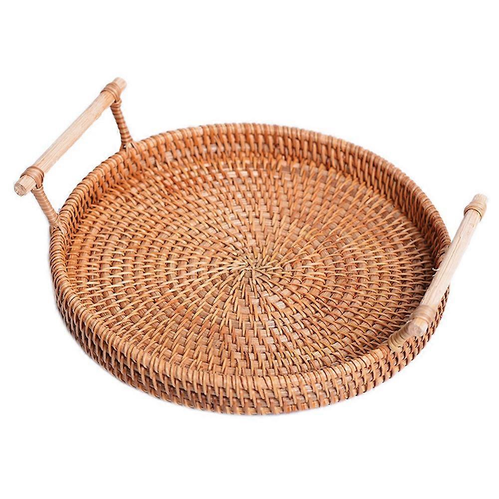 Woven Rattan Basket Bread Fruit Round Storage Tray with Handle M (No FDA)