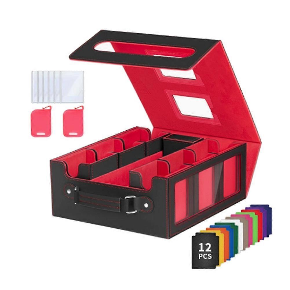 Trading Card Storage Box with Window Magnetic Deck Box with Handle, Deck Case with Dividers & Color Labels Black+Red