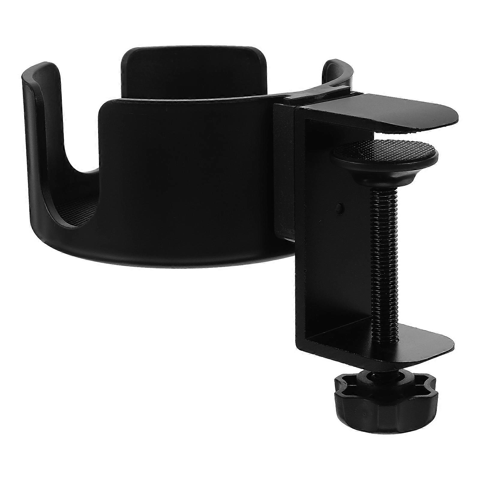 Suporte de mesa preto para copos, com clipe para fixação.
