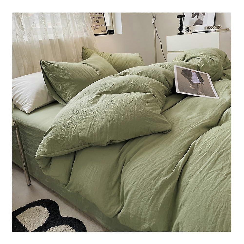 Queen Size Green Washed Cotton Duvet Cover Set with Breathable Fabric and Hidden Zipper Closure