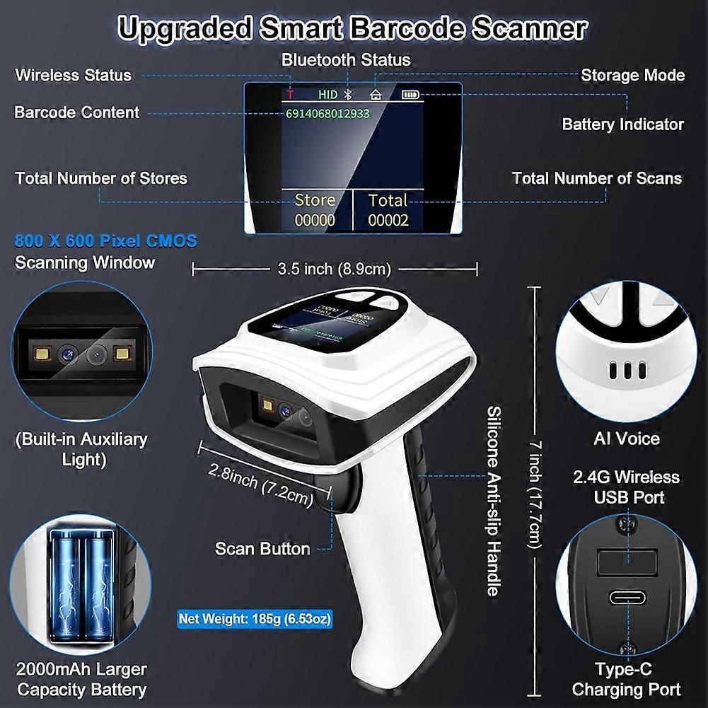 1D QR 2D Barcode Scanner, Bluetooth Wireless Bar Code Scanners with LCD Screen Display, Handheld Barcode Reader