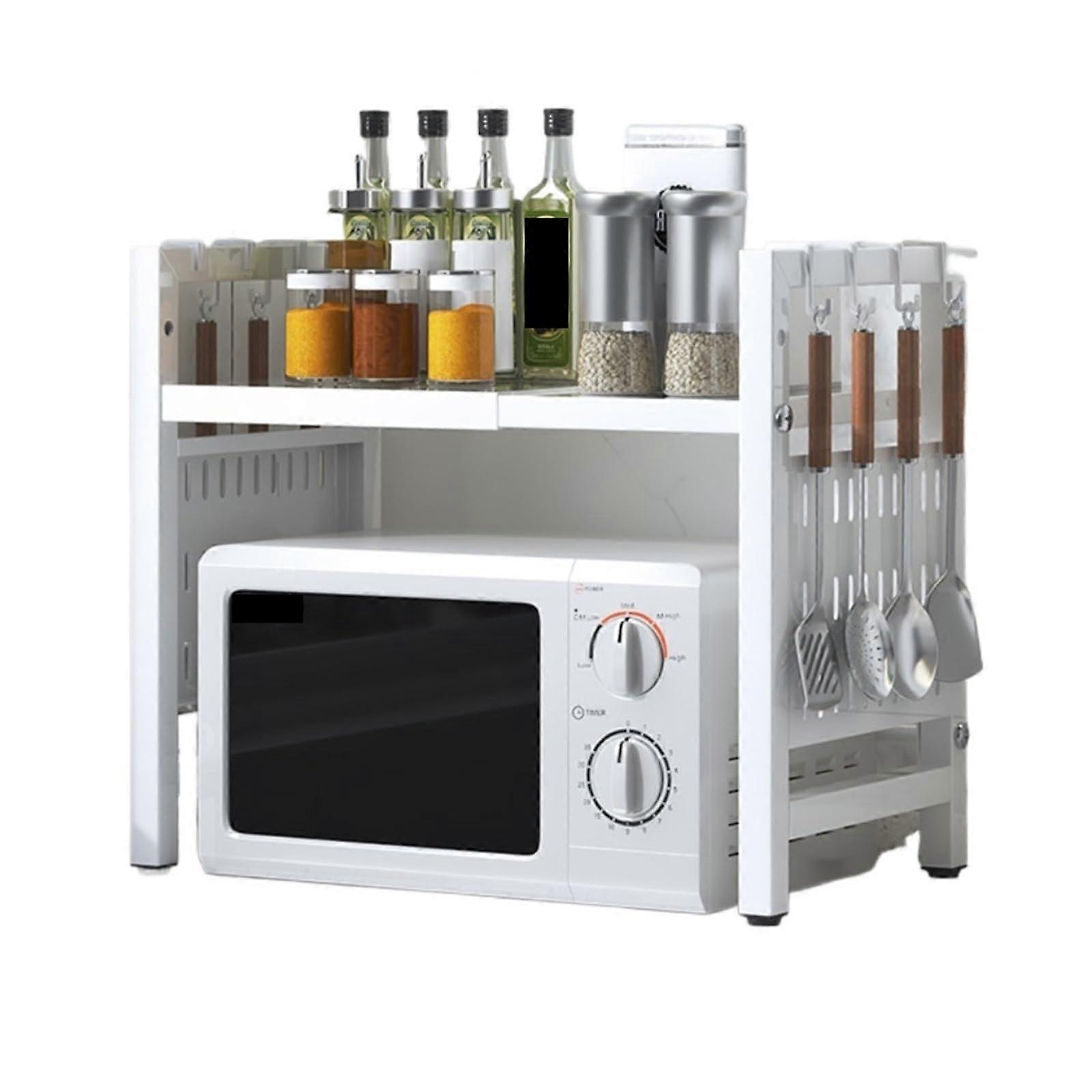 Microwave Oven Rack Adjustable 2Tier Kitchen Counter Shelf with Hooks SpaceSaving White