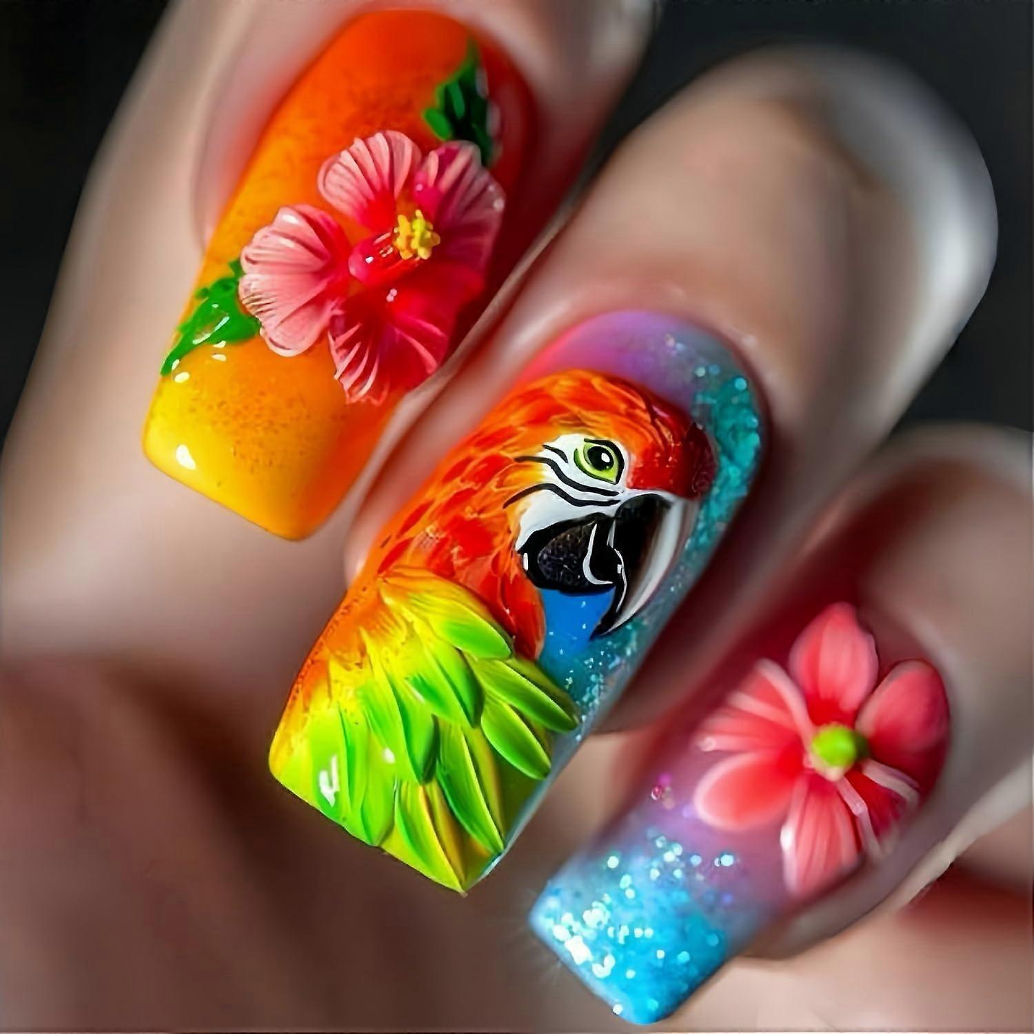 Press On Nails Set Medium Square Red Flower Glitter Gradient Acrylic False Nails for Women