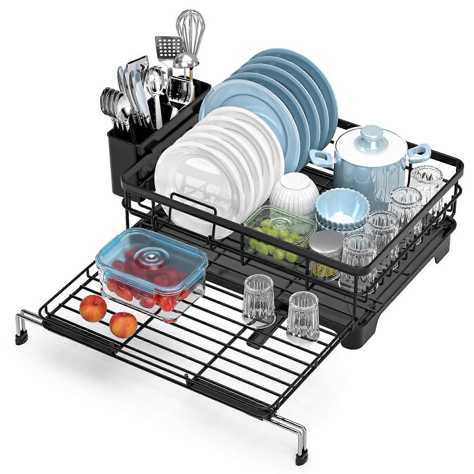 Expandable Dish Drying Rack with Drain Board and Cutlery Holder, Rotating Spout, RustResistant Frame