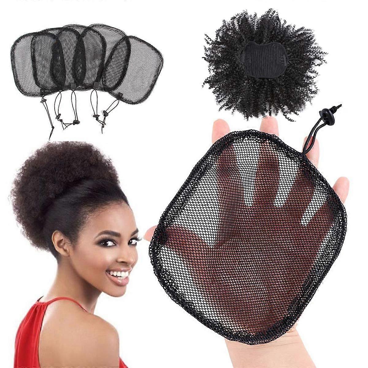 5Pcs Ponytail Wig Cap with Adjustable Drawstring, Stretchy Hair Bun Net for Afro Styles, Square