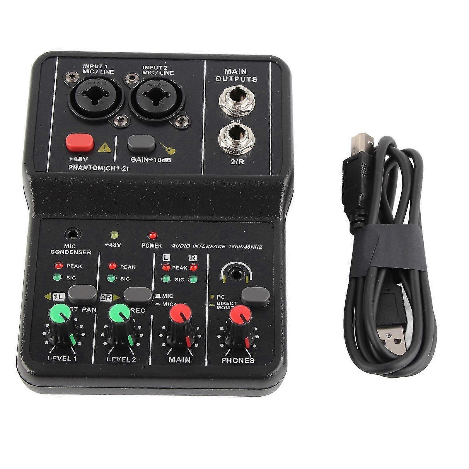 2 Channels Audio Mixer USB 48V Phantom Power Compact Sound Mixing Console for