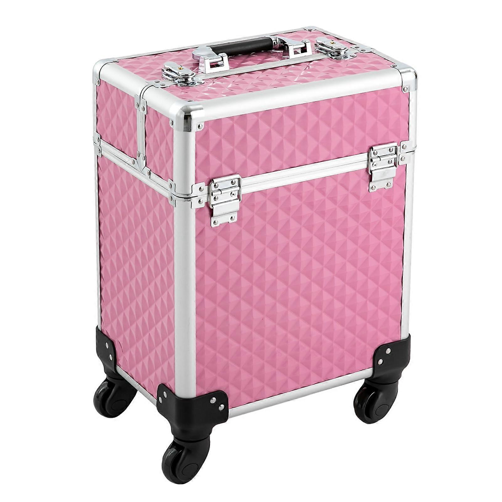 Lockable Rolling Makeup Train Case with Drawers, Large Capacity Aluminum Organizer with Wheels, Light Pink