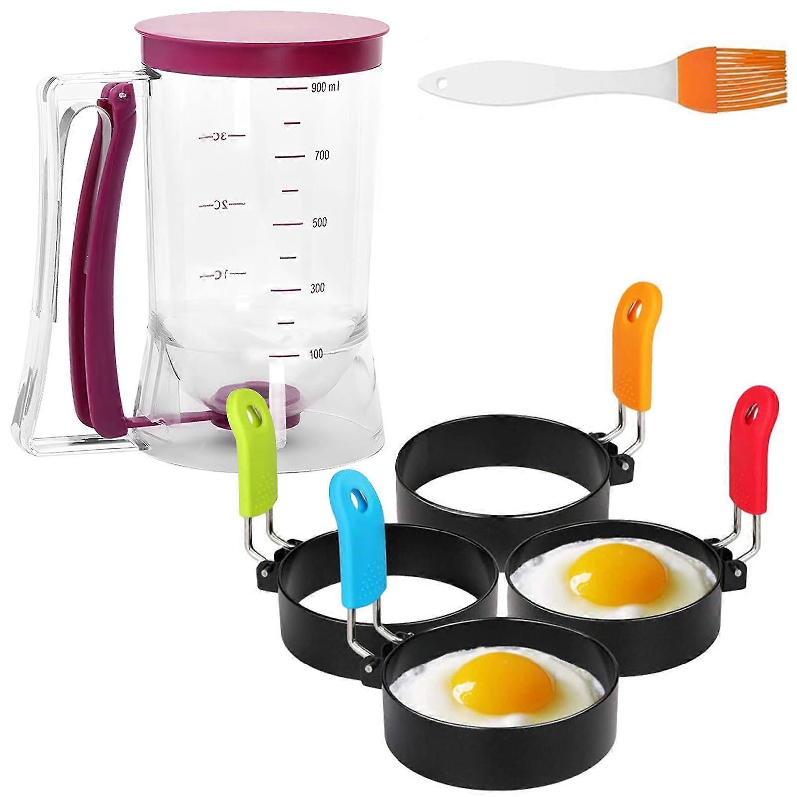 Pancake Batter Dispenser with 4 Egg Rings, Mess Breakfast Cooking Kit for Griddle and Baking