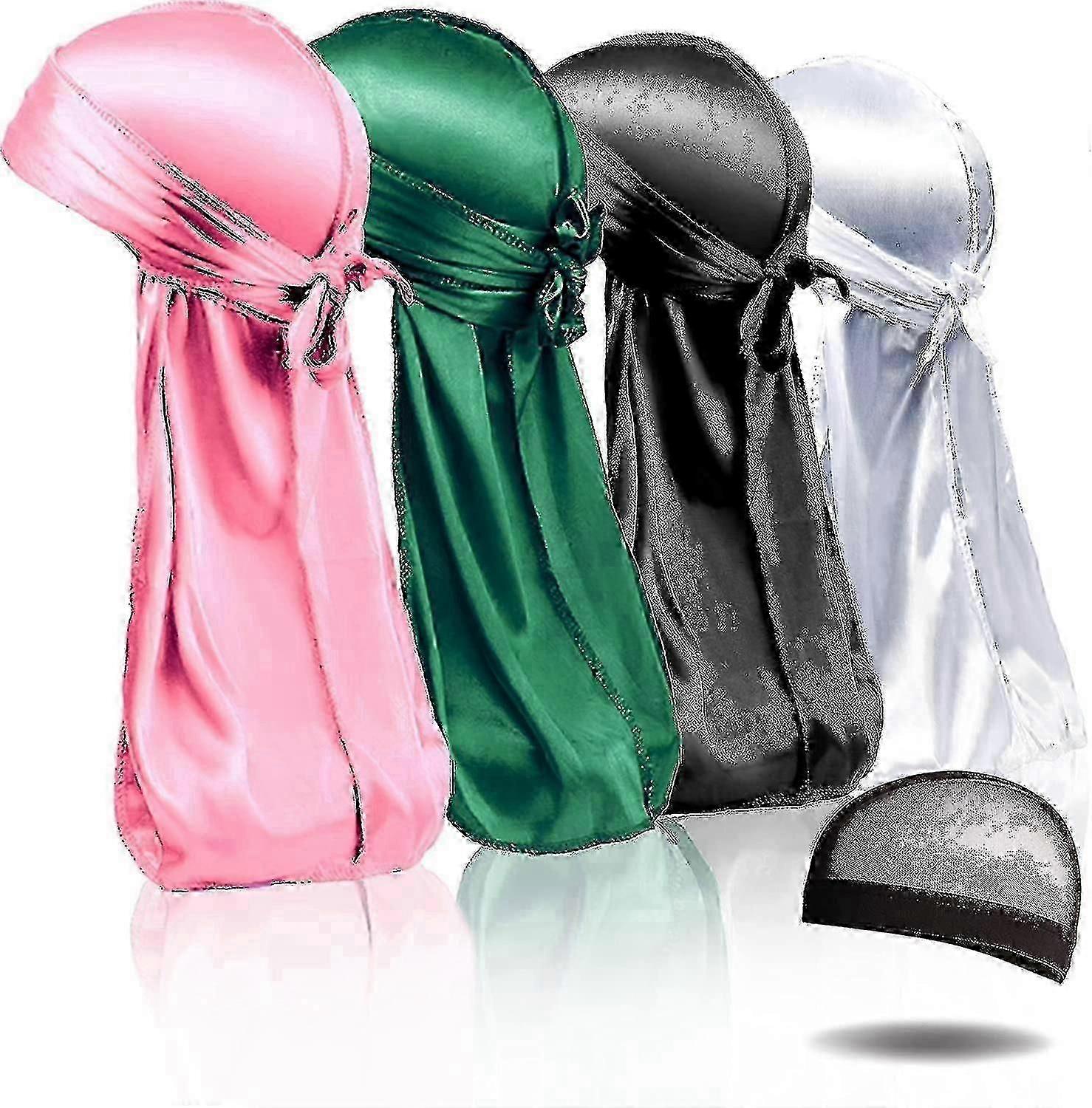 4pcs Silky Durags, Silk Durag For Men Women Waves, Silk Durag Pack With 1 Wave Cap, Silky Satin Durag Extra Long Tails