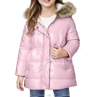Girls Hooded Puffer Coat with Faux Fur Trimmed Hood Full Zip Front Snap Closure and Quilted Design Winter Outerwear Jacket Style #B047 Pink 130