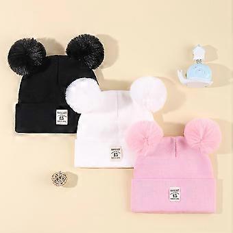 3 Pcs Knitted Hat Set with Double Pom-Pom, Winter Warm Hats for Baby Kids