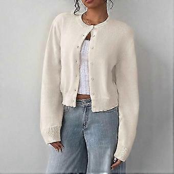 Cárdigan de punto liso para mujer, manga larga, cierre de botones delanteros, suéter corto abierto, abrigo para otoño/invierno, color beige.