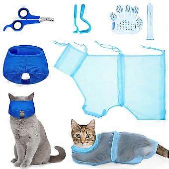 5 Pieces Cat Bathing Bag Set Cat Grooming Bag Adjustable Pet Shower Net Bag Cat Muzzles Anti-Bite Anti-Scratch Nail Clipper Tick Remover Tool Massage 