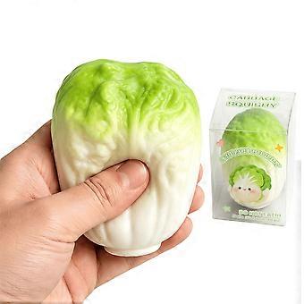 One Cabbage Shaped Squeeze Toy with Green and White Coloring, Detailed Raised Leaves and a Compressible Handheld Design, Presented in a Clear Display
