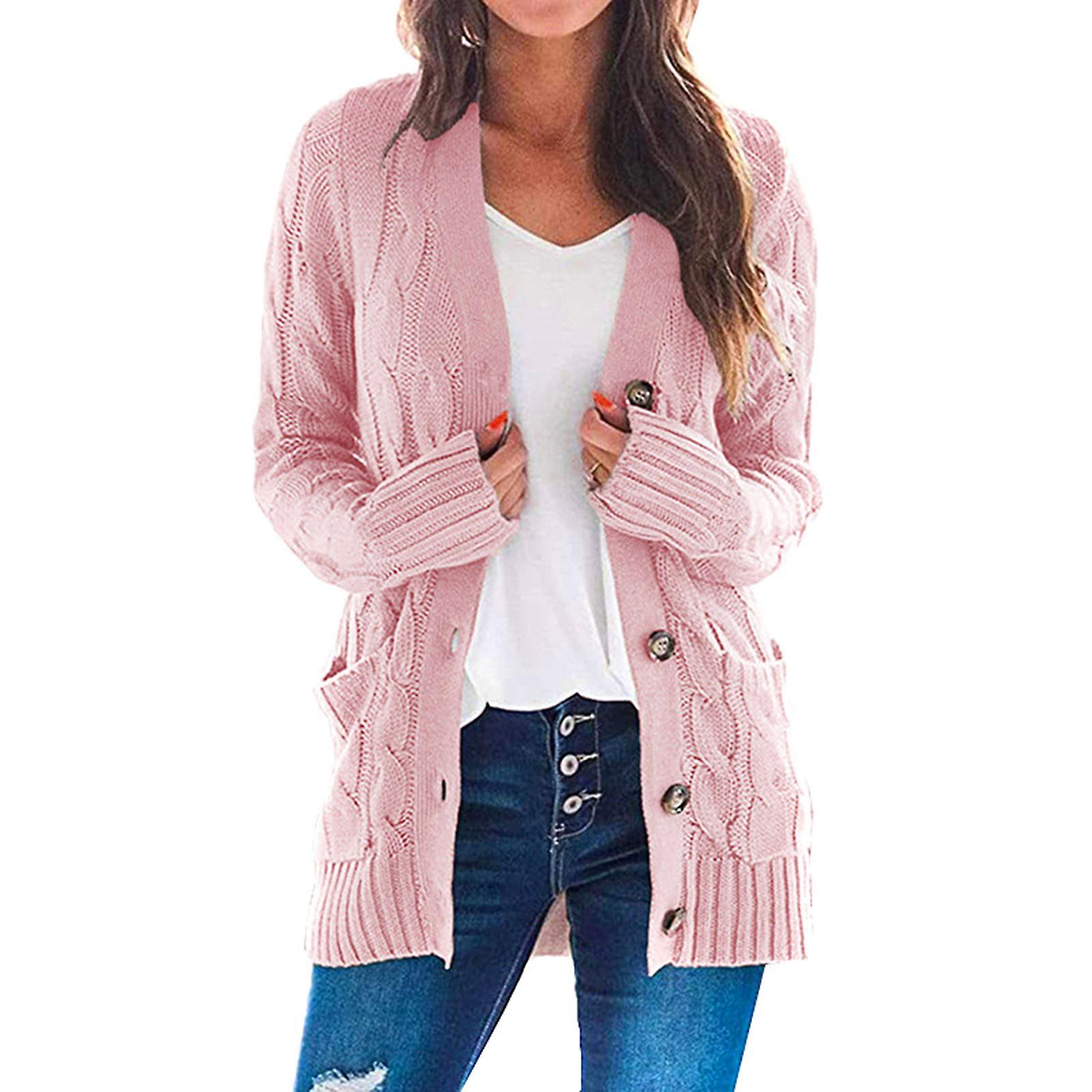 Damen Langarmige Kabelstrickstrickjacke mit Pocket Casual Coat Solid Color
