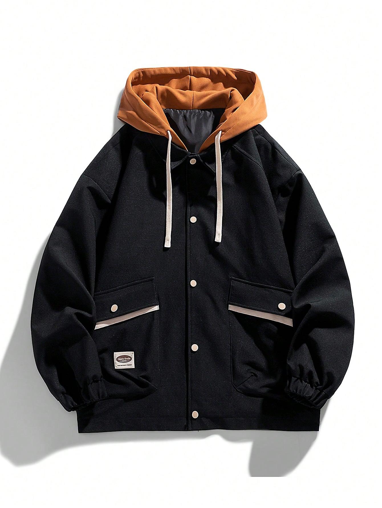 Men Letter Patched Drawstring Hooded Jacket