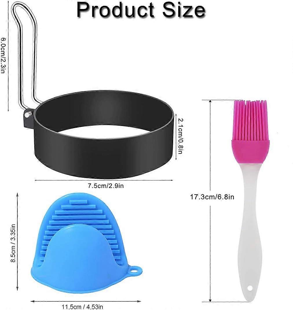 Stekta äggringar, 4 stycken stekt äggform i rostfritt stål med matlagningsborste och resistent silikon kökshandske, non-stick för stekta ägg Crumpets B