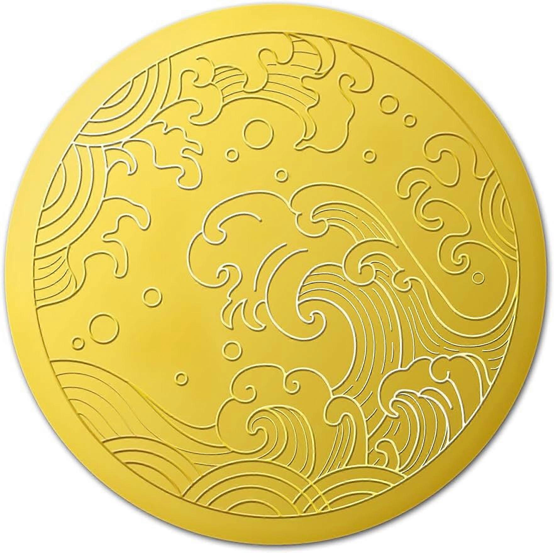 100pcs Ocean Waves Embossed Gold Foil Seals 2" Summer Theme Self Adhesive Embossed Stickers Decoration Labels for Envelopes Diplomas Certificates Awar
