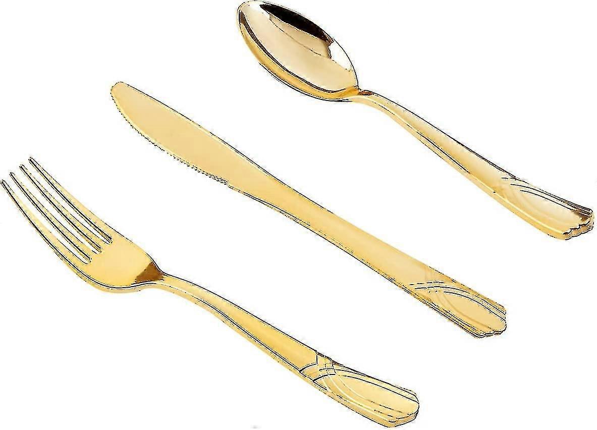 סט סכו"ם חד פעמי מפלסטיק בצבע זהב 150 יחידות - 50 מזלגות, 50 סכינים, 50 כפות - סט כלי אוכל חד פעמיים מפלסטיק עמיד במיוחד