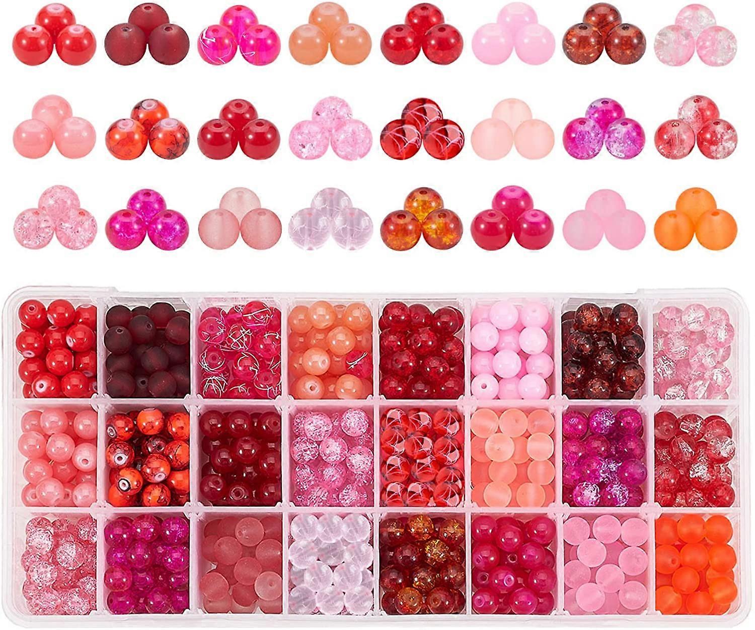 24 Color 8mm Christmas Red Glass Beads 7Style Red Series Round Loose Beads Glass Spacer Beads with Scissors Crystal String Needles for Valentine's Nec