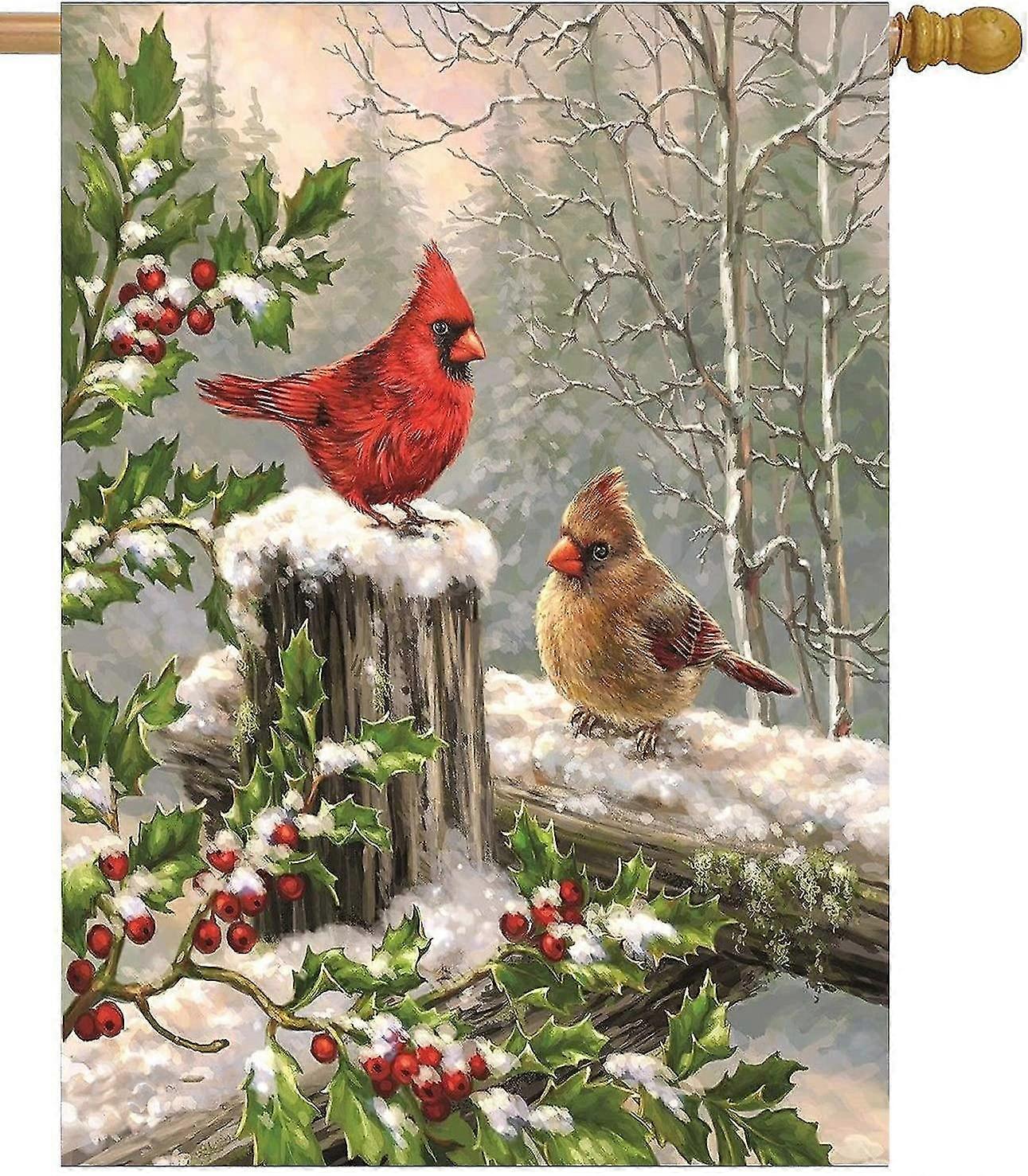 spring house flags 12 x 18 double sided, cardinal red bird holly berry branches snow welcome winter holiday yard outdoor garden flag banner for party