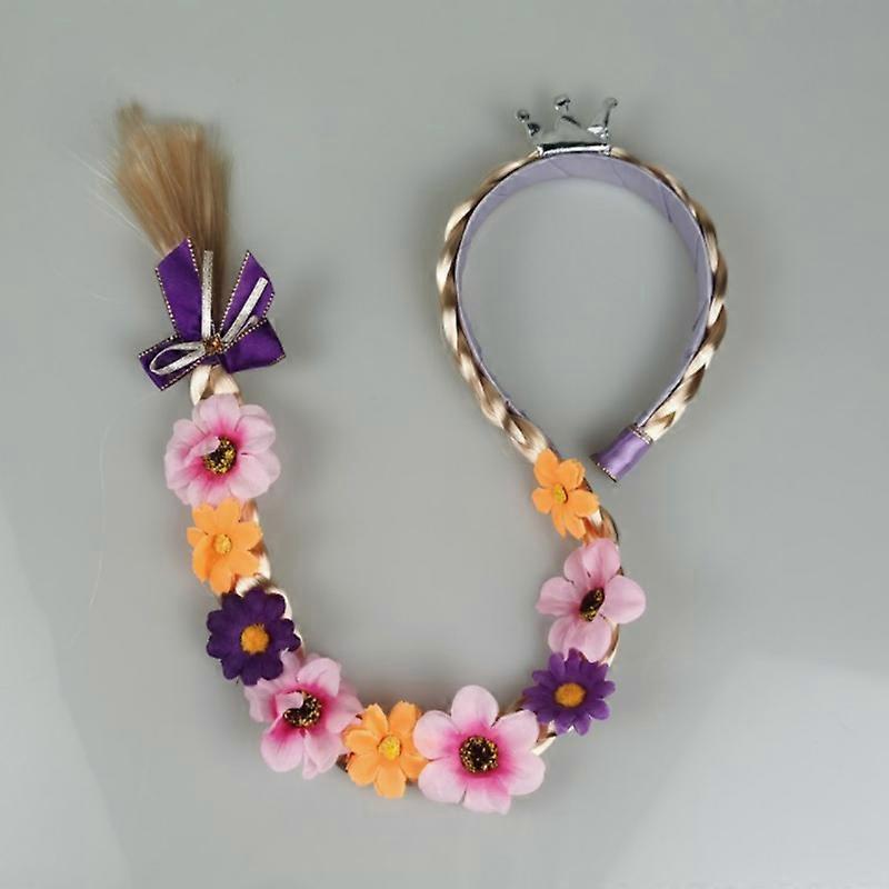 Rapunzel Children's Headband Headdress with Flower Girls Baby Long Wig Braid Princess Bow Hair Accessories