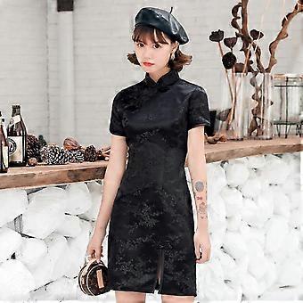 JWL-Female Qipao Mandarin Collar Short Cheongsam Vestidso Elegant Chinese  Dress Gold Flower Novelty Satin Evening Party Gown | Fruugo IT