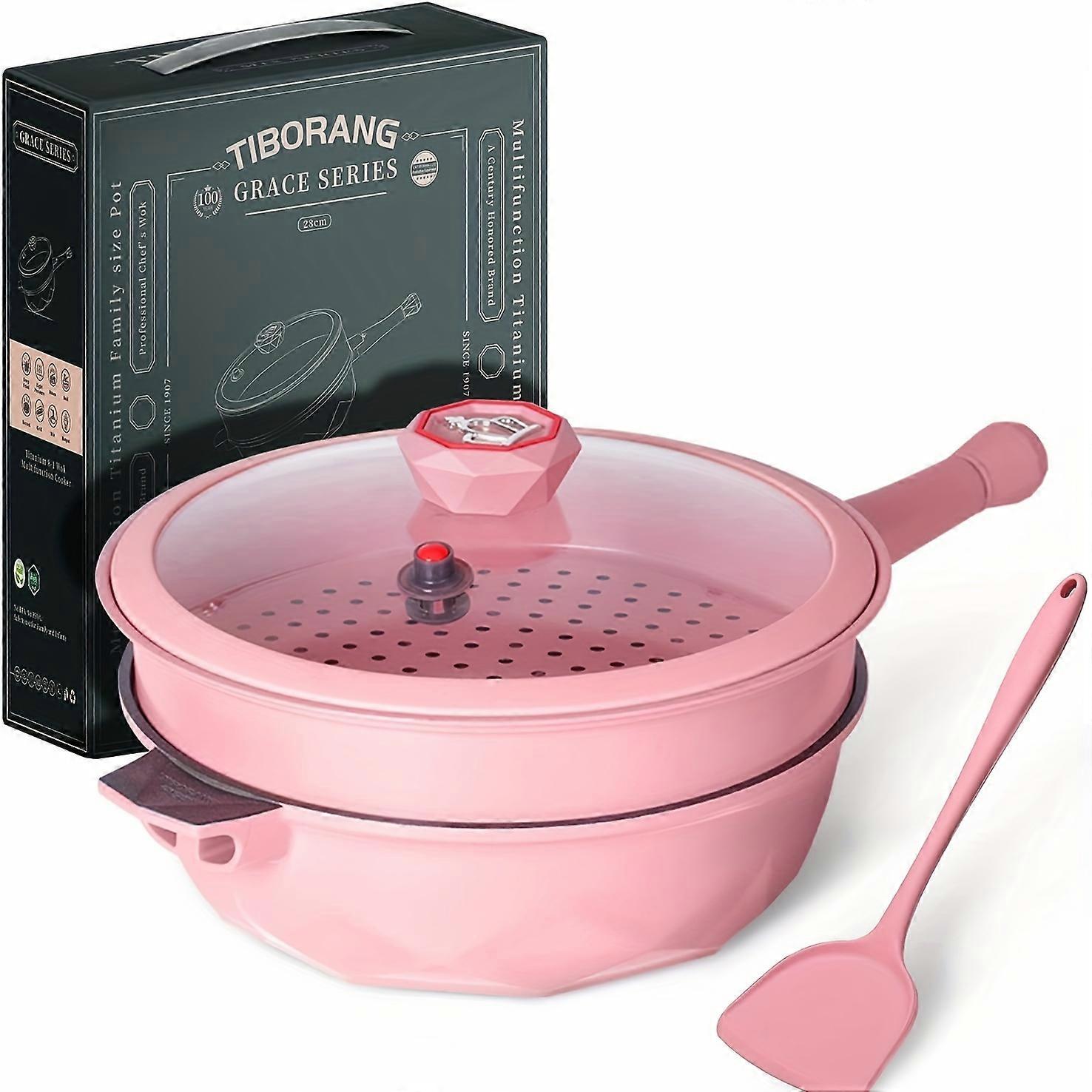 Tiborang 7 In 1 Multipurpose Frying Pan, 11 Inch Wok, 5 Quart Heat Indicator Deep Pan With Lid, Nonstick Deep Frying Pan With Glass Lid, Steamed Grid,