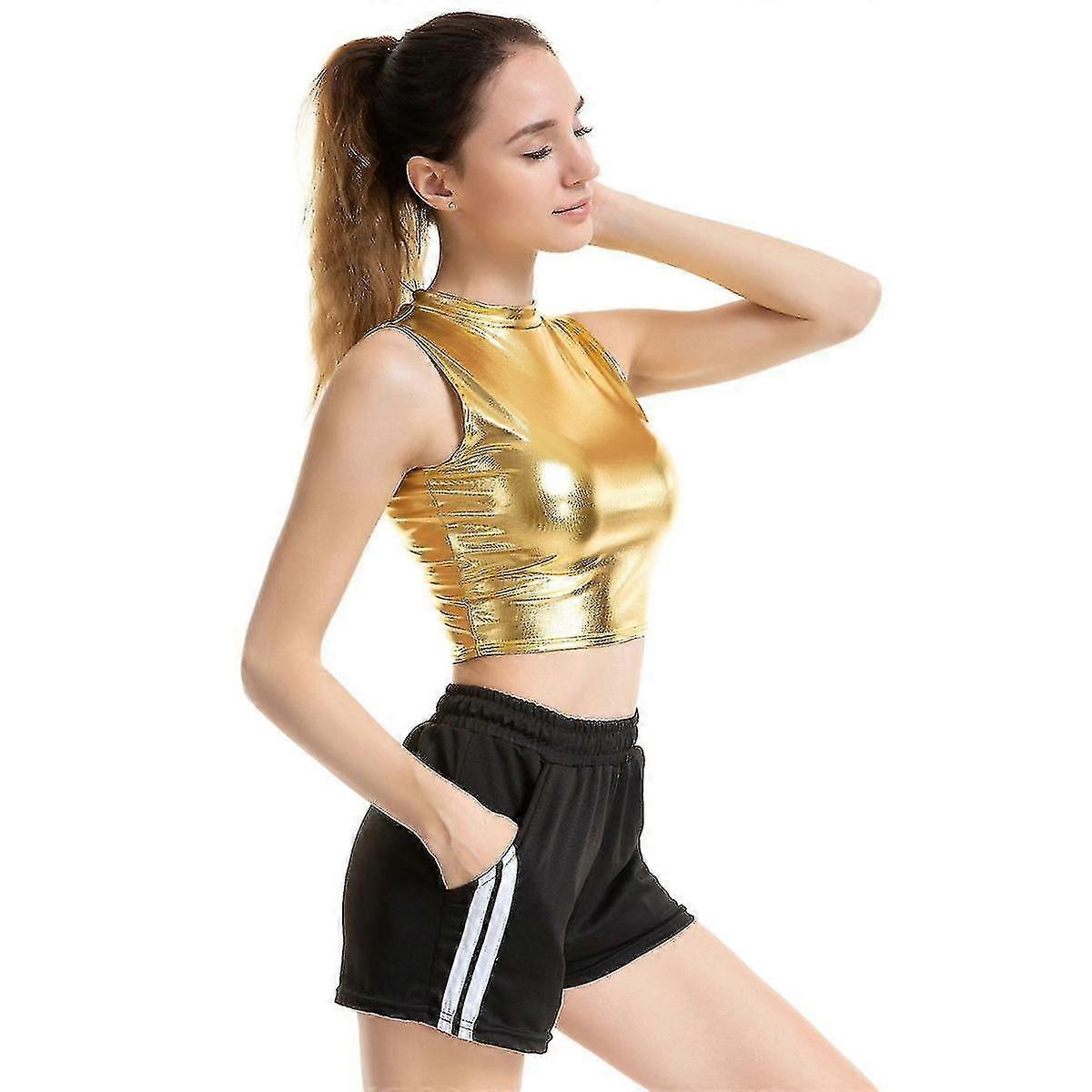 Kvinner Metallic Tank Topper Shiny Crop Top For Dancing