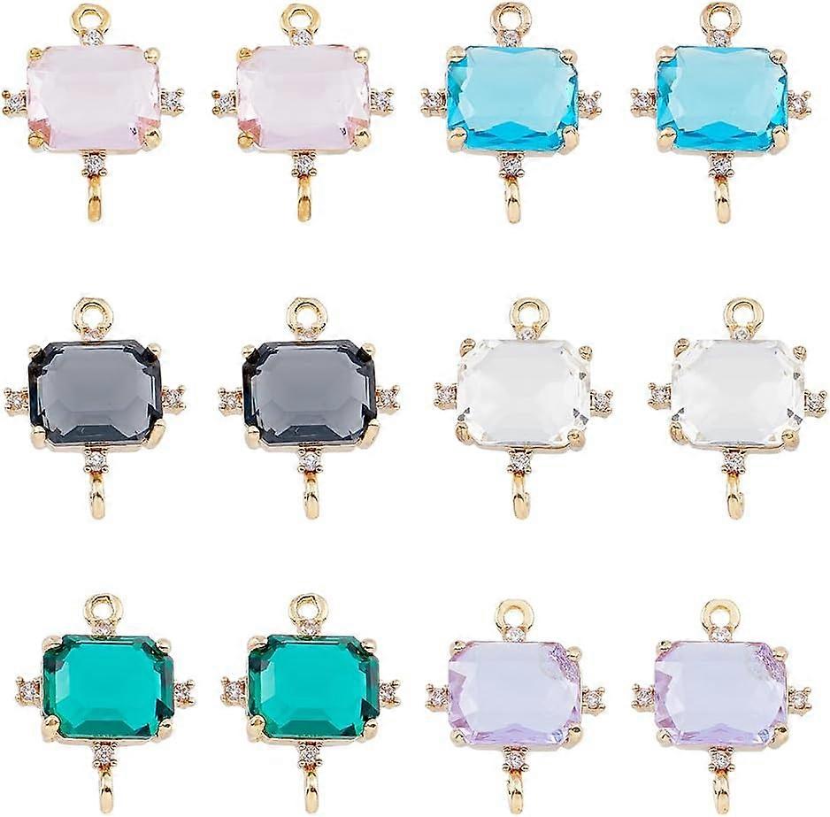 12Pcs 6 Colors Glass Connector Charm Transparent Glass Links Connectors Cuboid Faceted Charms Double Loops Charm Links Brass Findings for Earring Neck