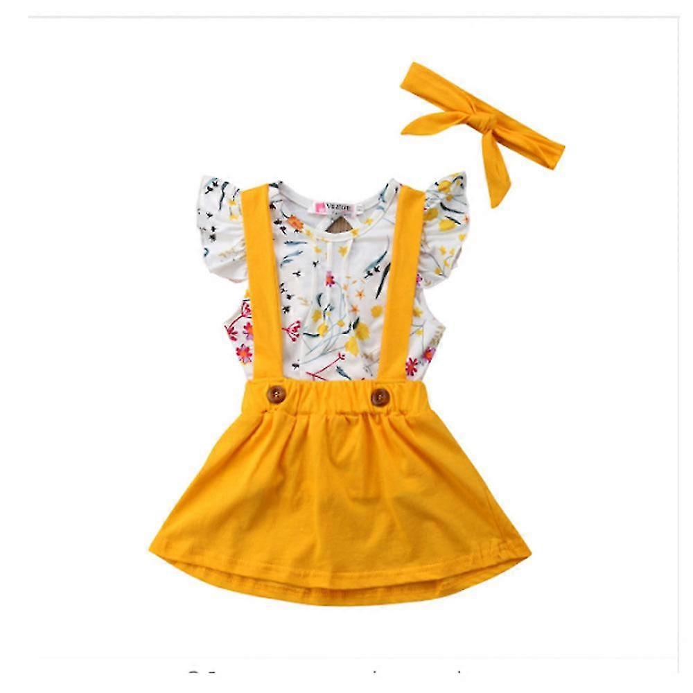 Girls Flutter Sleeve Floral Top + Suspender Skirts + Headband Outfits Set
