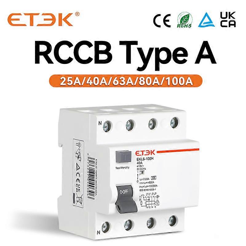 ETEK Type A RCD RCCB Electromechanic Residual Current Circuit Breaker 30ma 2 Pole10KA 3P+N 4P 40A DC 230V EKL6-100H
