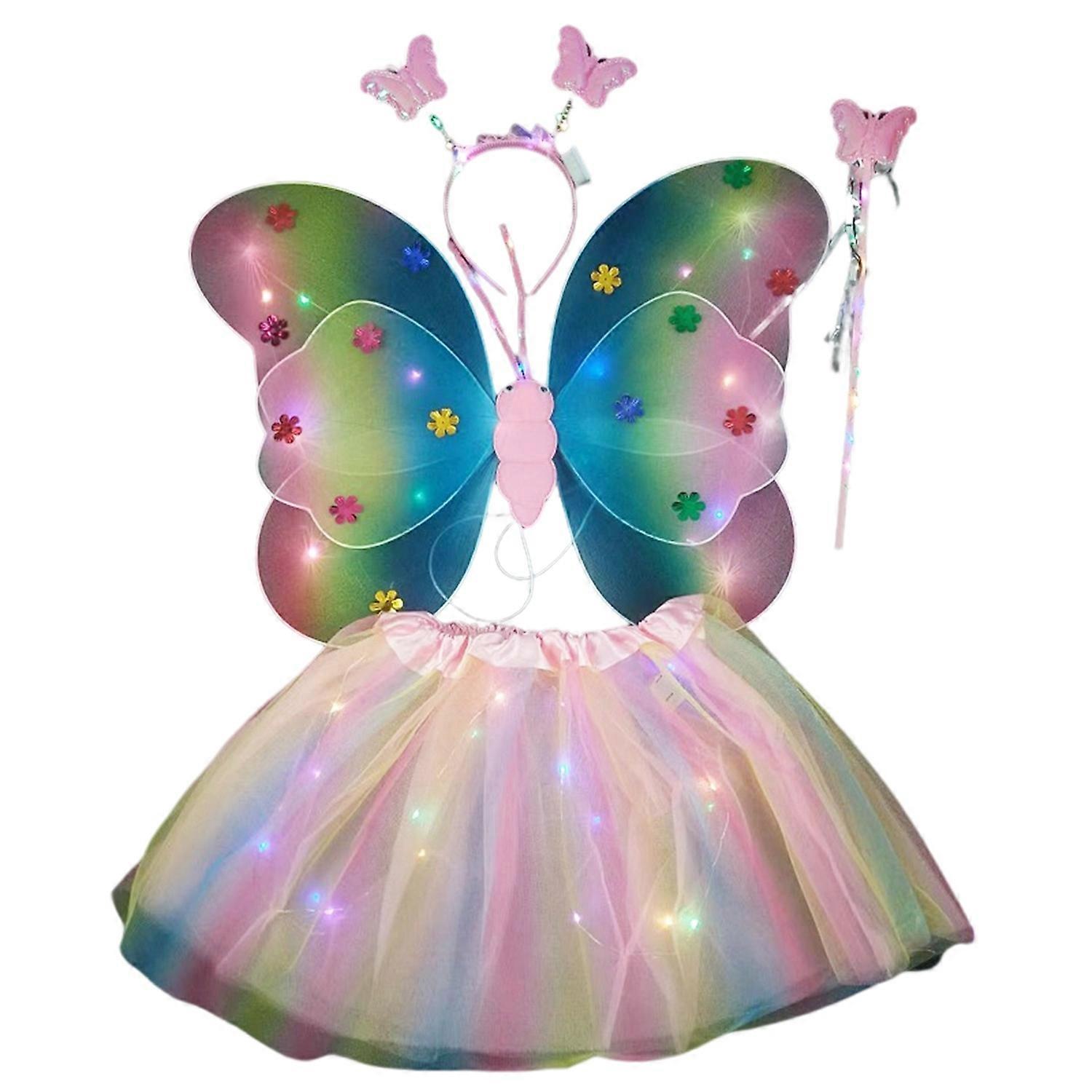 4Pcs/Set Glowing Rainbow Butterflies Wing 20 LED Headband Wand Tulle Skirt Light Up Children Stage