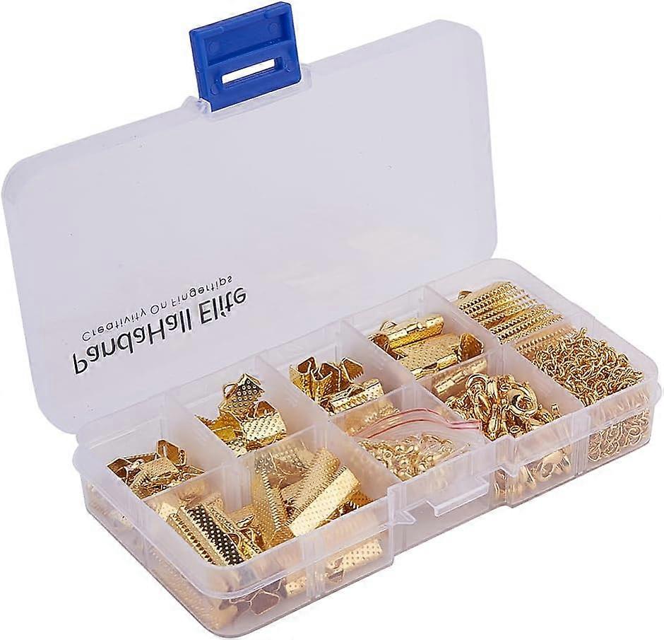 410pcs Golden Jewelry Finding Kits 6 Sizes Ribbon Clamp Ends Ribbon Ends Pinch Crimp Ends with Jump Ring Lobster Claw Clasps Extender Chain Drop Ends