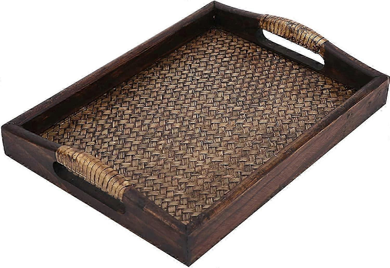 Serving Tray, Wooden Breakfast Tray, Decorative Coffee Table, Rectangular Wooden Tray with Handle