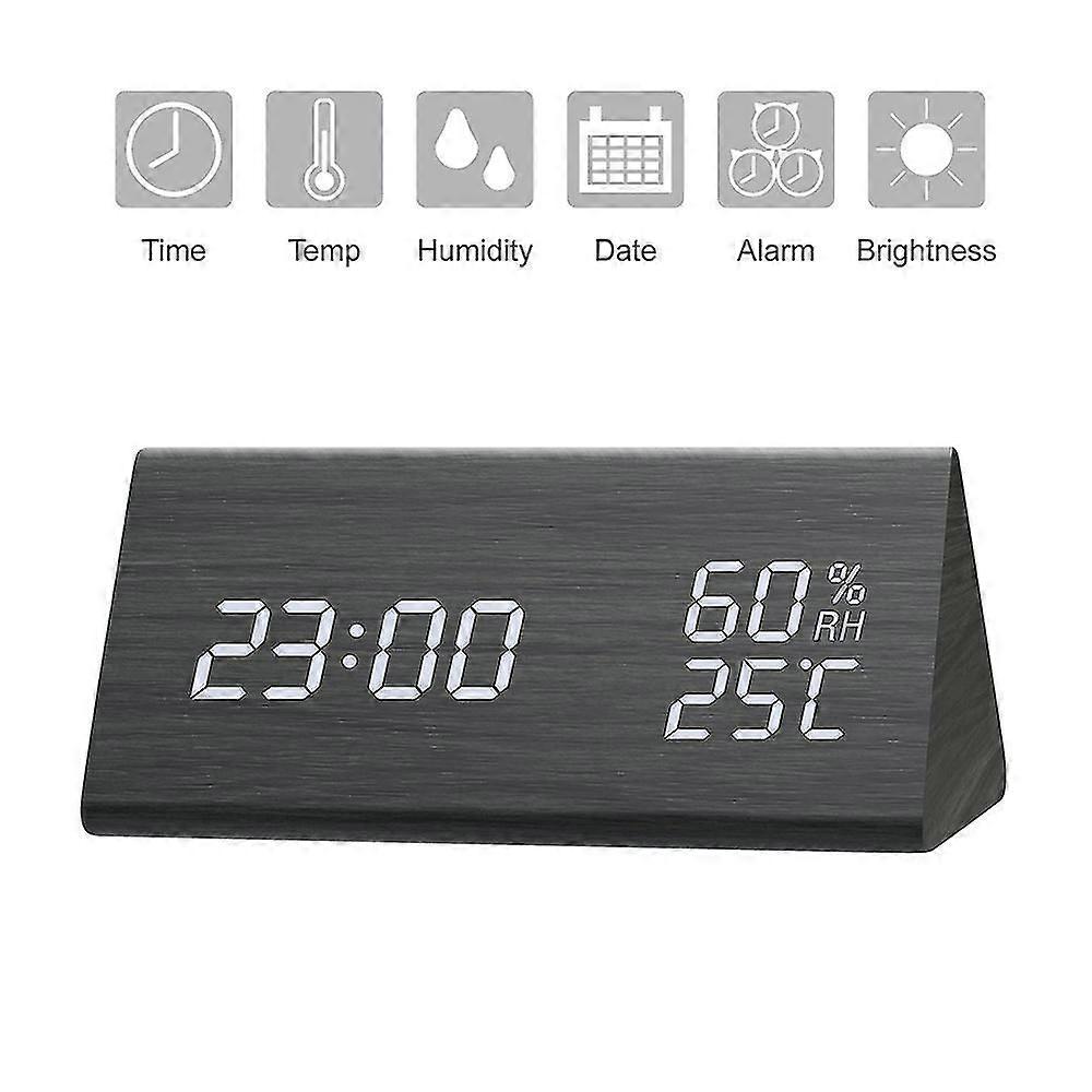 Digital Alarm Clo, Adjustable Brightness Voice Control Desk Wooden Alarm Clo, Large Display Time Temperature, Rechargeable Battery Led Digital Clo,360