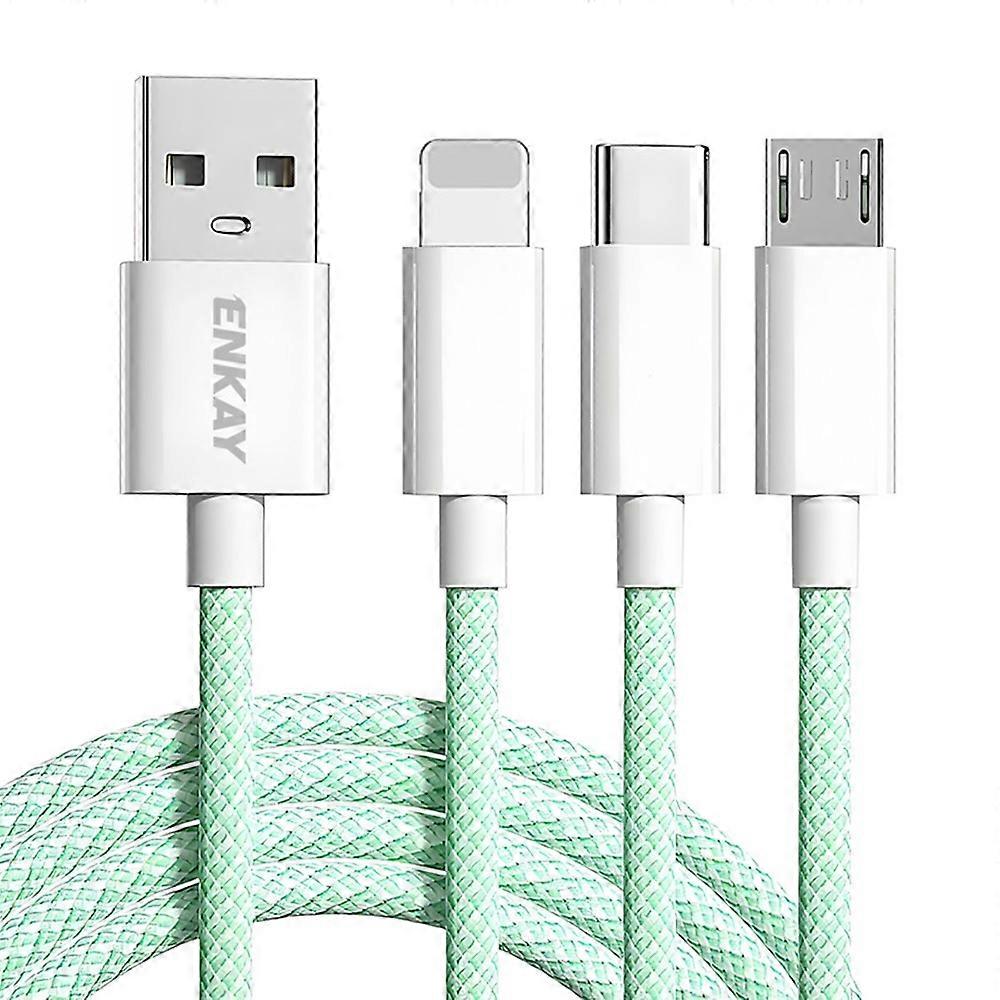 ENKAY 1m 3 in 1 USB to iP Type-C Micro USB 60W Charging Data Cable Braided Wire - Green