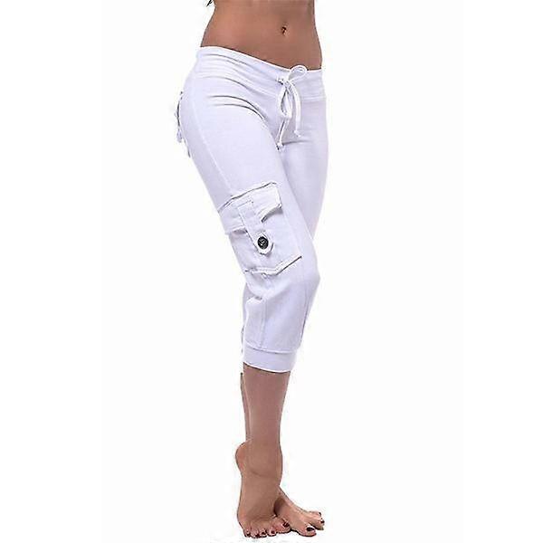Women Yoga Cropped Pants with Elastic Waist Button Pockets Summer Outdoor Casual Pants