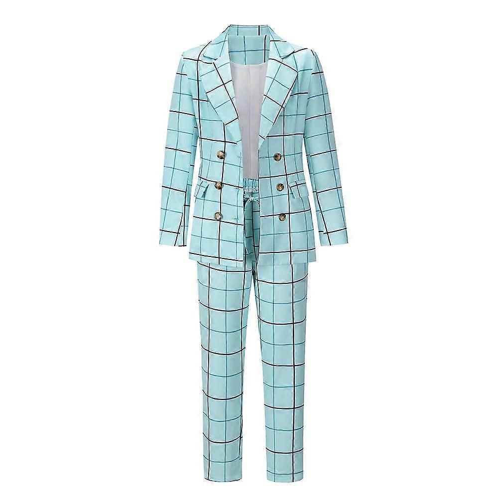 2022 autumn and winter checkered small suit suit European and American foreign trade casual temperament double-breasted suit (Blue)