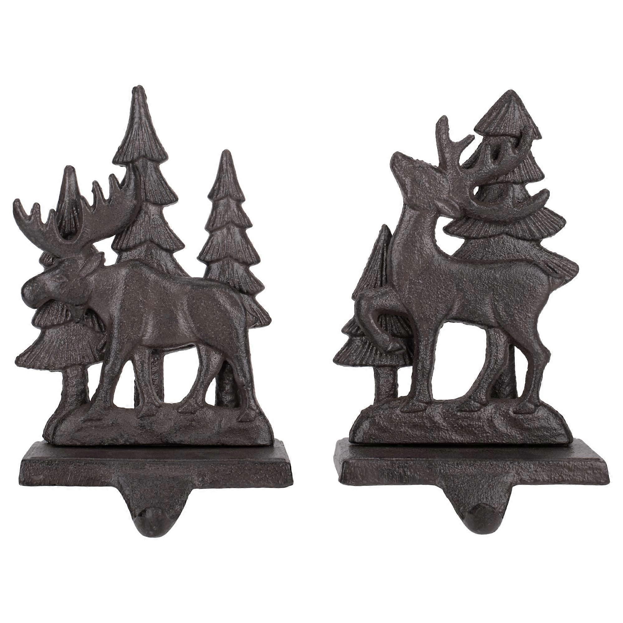 Set of 2 Cast Iron Reindeer and Moose Christmas Stocking Holders