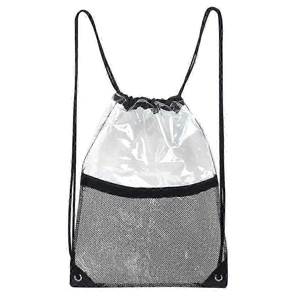Portable Clear Drawstring Bag PVC Drawstring Backpack with Front Zipper Mesh Pocket