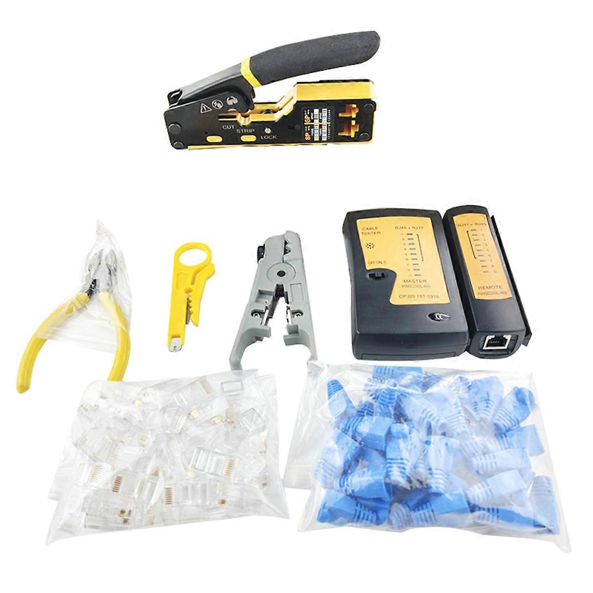 RJ45 Crimp Tool Kit with Cable Tester, Wire Cutter, Blades, 50 Cat