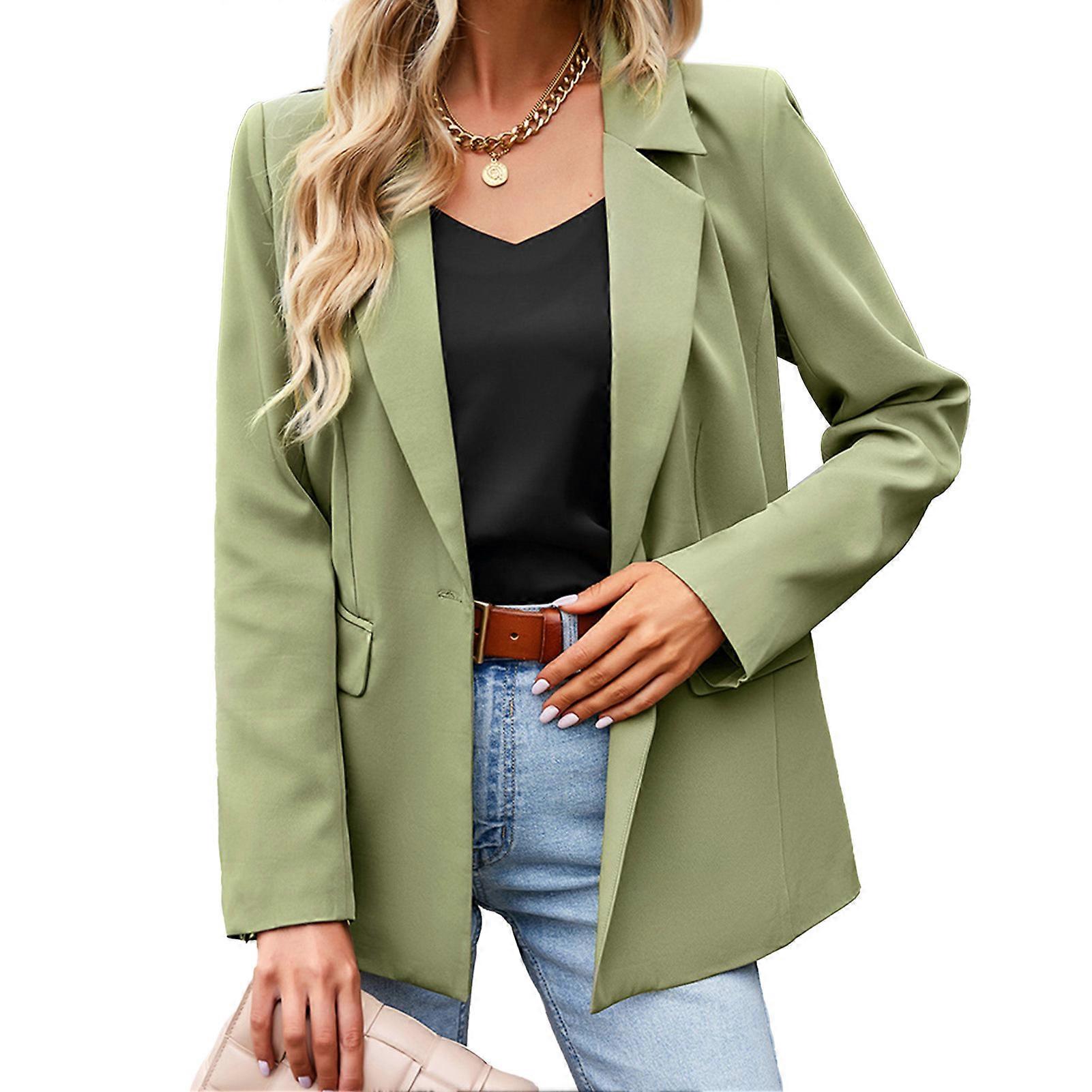 Women Turn Down Collar Suit Jacket Long Sleeve Back Split Hem Office Work Button Jacket with Flap Pocket