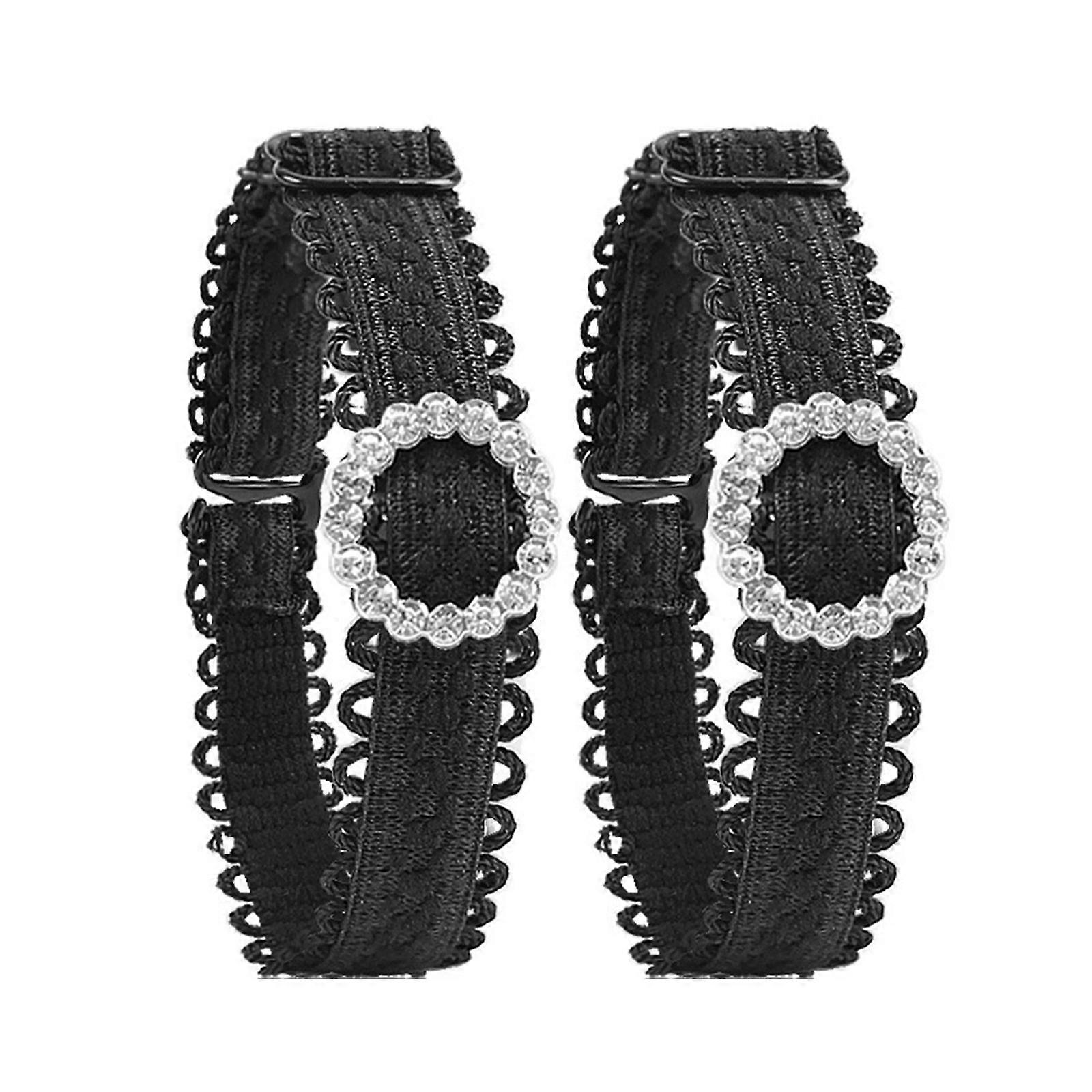 1 Pair Women's Elastic High Heel Shoe Straps with Rhinestones Buckles Adjustable Length Shoelace Belts for Secures Fit Black round