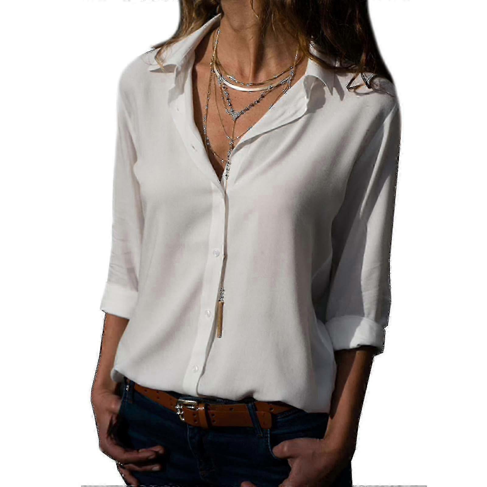 Women's Casual Long Sleeve Solid Lapel Button Up Shirt